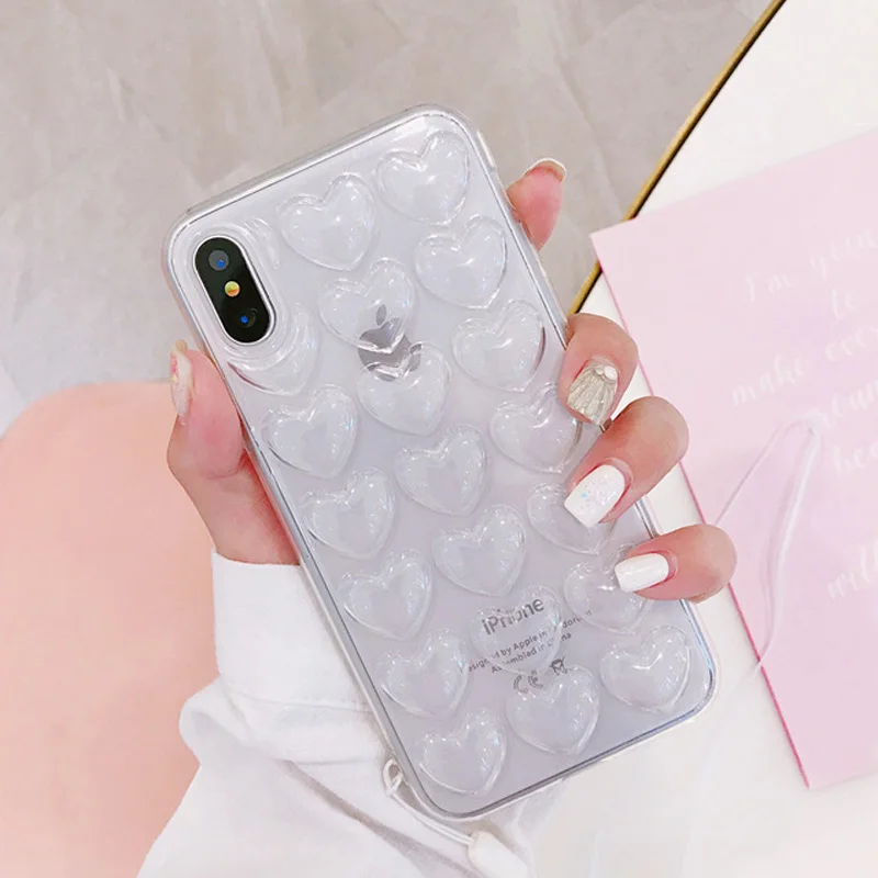 Transparent Moskado 3D Love Heart чехол для телефона для iPhone 11 7 6s Plus мультяшный Модный чехол с ремешком для iPhone X XS Max XR мягкий чехол - Цвет: Transparent