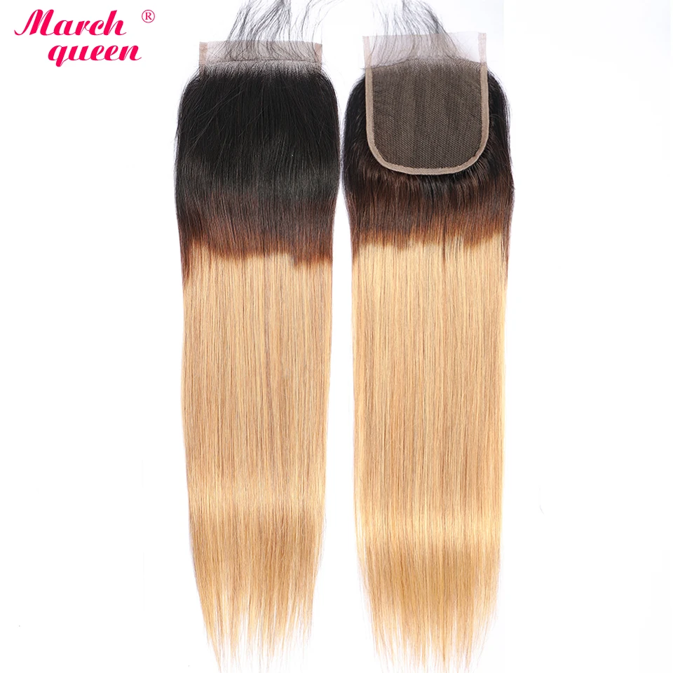 

marchqueen Peruvian Human Hair Bundles With Closure Ombre T1B/27 Straight Hair With 150% 4x4 Lace Closure Non-Remy Hair Weft