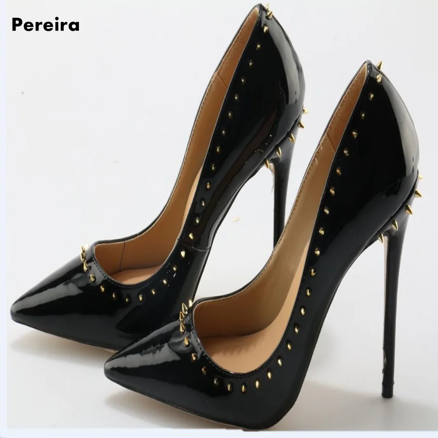 

Big Sale women shoe Rivets studded embellishment pointed toe concise type party Dress pumps Stilettos heels plus size 10