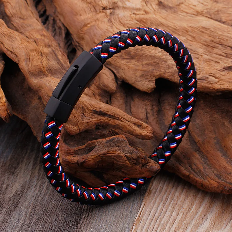 Geoaray Men's Tough Lattice Leather Bracelet Cool Charm Bracelets&ampBangle Stainless Steel Clasp Fashion Personalised Jewelry |