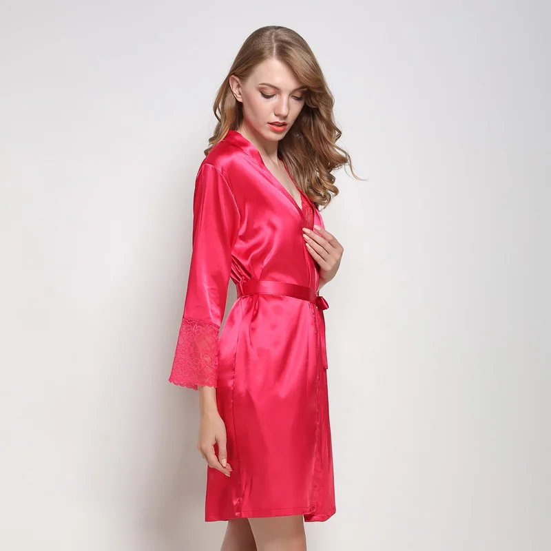 Robes Femme 2018 Satin kimono bridesmaids red pink Bridesmaid With Lace Home Clothing summer | Женская одежда