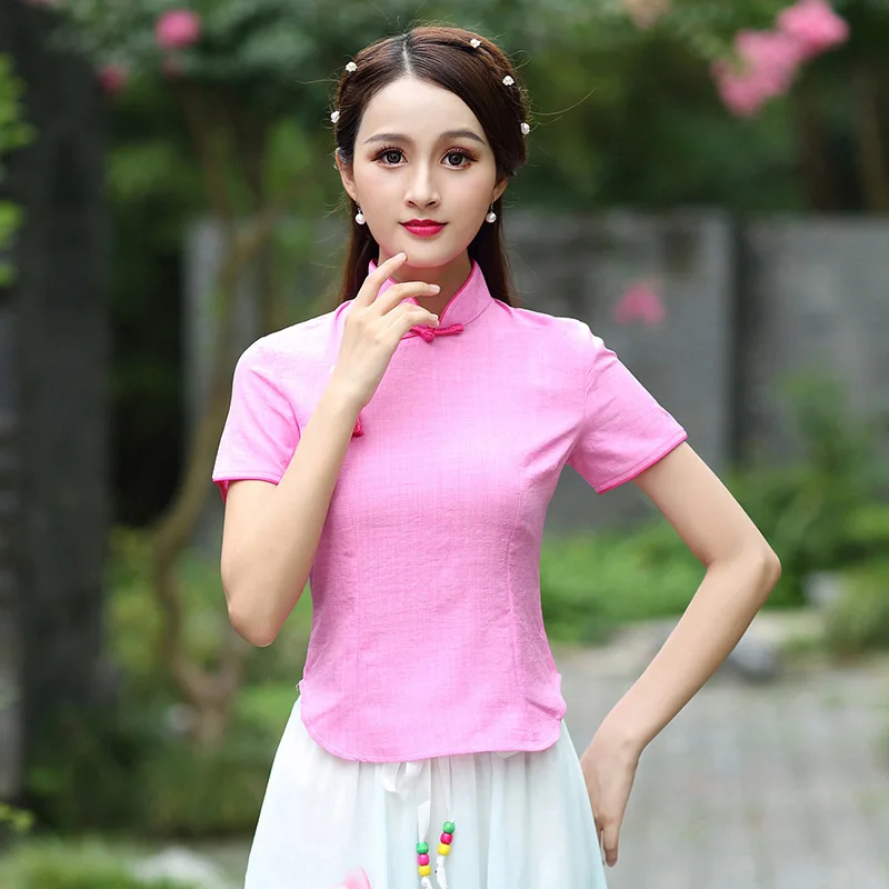 SHENG Коко китайский Винтаж Костюмы костюм Guzheng Cheongsam Чай топы, летний льняной костюм Традиционный китайский Стиль рубашки Для женщин