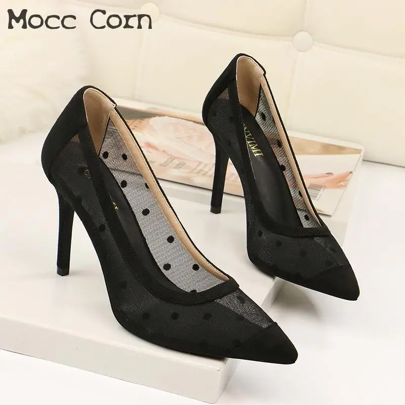 Босоножки женские сетчатые на высоком каблуке туфли лодочки с острым носком