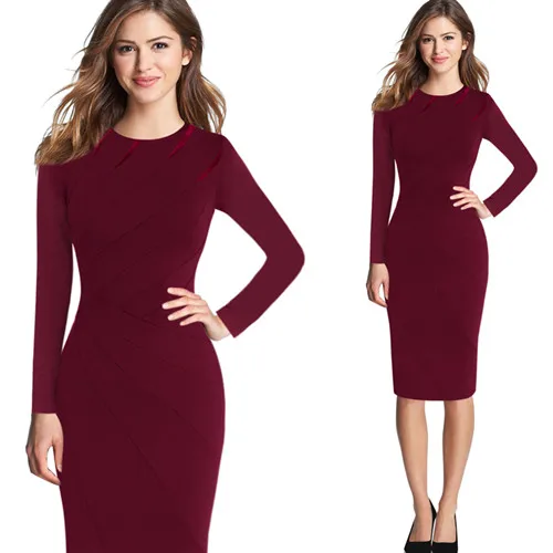 Dark Red 1 Vfemage женское осенне-зимнее элегантное облегающее платье в стиле пэчворк на каждый день для работы, бизнеса, офиса, вечерние облегающее платье-футляр 1045 - Цвет: Dark Red 1