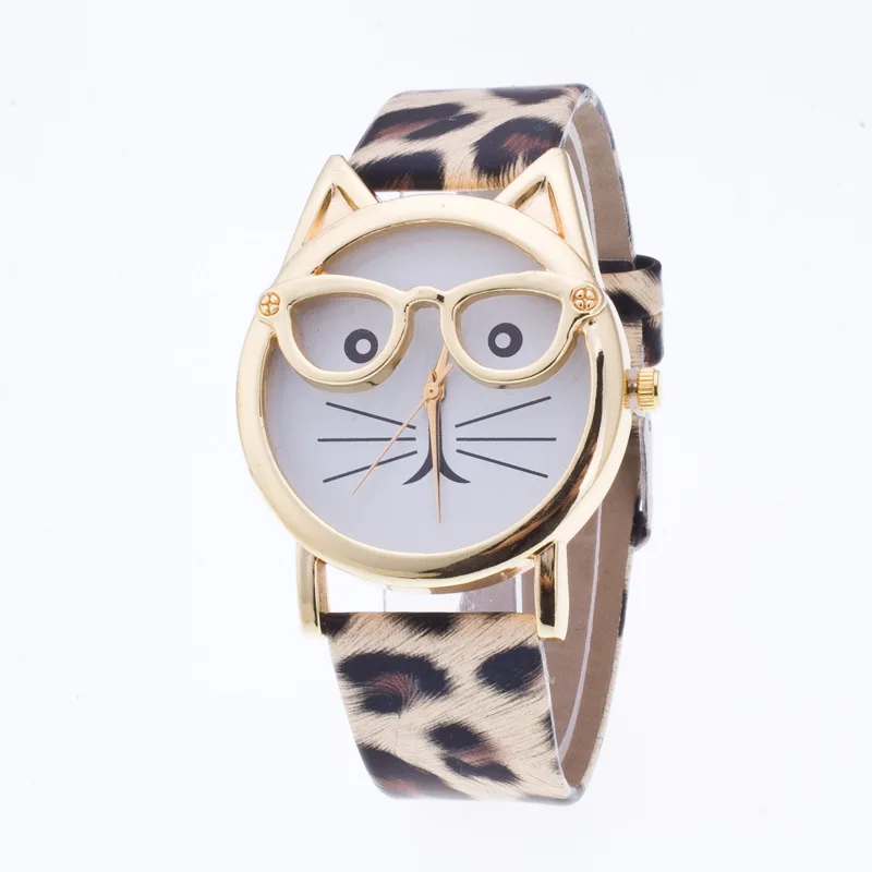leopard Кей с леопардовым принтом и рисунком кошки уход за кожей лица женские Женевские часы кожаный ремешок аналоговые кварцевые наручные часы детские часы золотые женские часы Relogio Feminino - Цвет: leopard