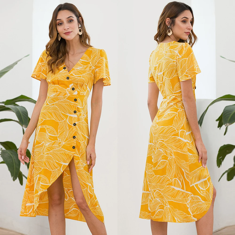 2019 Sundress Ladies Holiday Summer Dress V Neck Casual Short Sleeves Beach Buttons Slim Dresses | Женская одежда