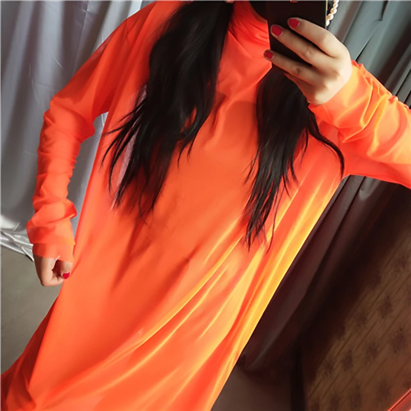 [EAM] New Autumn Winter High Collar Long Sleeve Black Mesh Perspective Colorful Long Big Size Dress Women Fashion JU790
