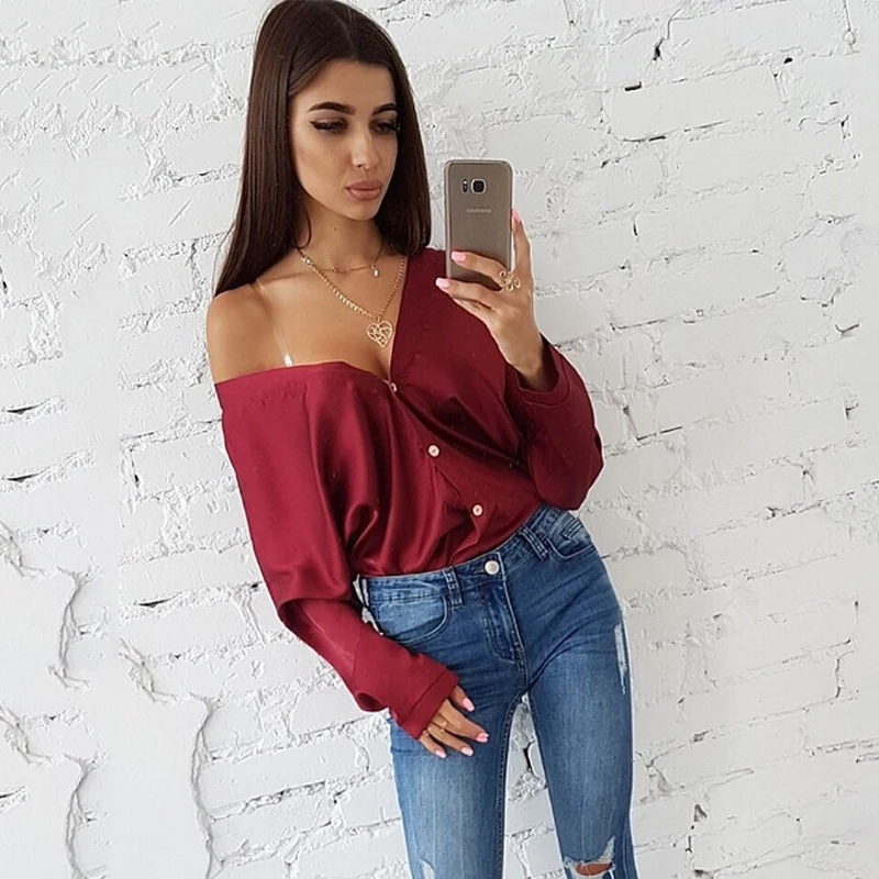 2019 Autumn fashion women loose blouse sexy v-neck long-sleeved bat sleeve shirts casual solid color elegant tops |
