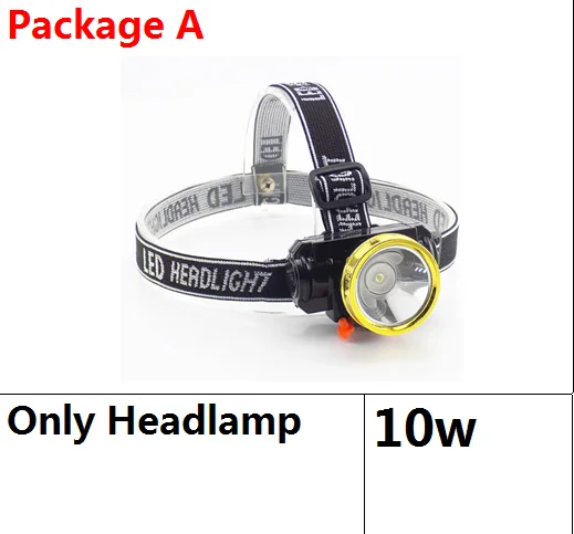 10W Package A 5 Вт/10 Вт светодиодный Мощный налобный фонарь, лобовая фара, перезаряжаемый встроенный аккумулятор, Головной фонарь, фонарик для рыбалки, кемпинга - Испускаемый цвет: 10W Package A