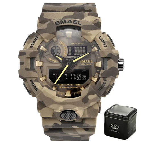 Kahki Camo with box Для мужчин часы белый Dual Time SMAEL Спорт Часы Будильник 8001 Военная Униформа армии наручные часы водонепроницаемые мужские часы relogio masculino - Цвет: Kahki Camo with box