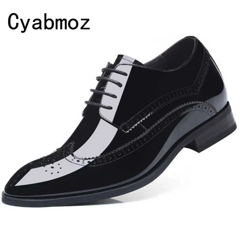 black Cyabmoz/деловые туфли; мужские туфли, увеличивающие рост; туфли из натуральной лакированной кожи, визуально увеличивающие рост; классические броги на каблуке 7 см; оксфорды - Цвет: black