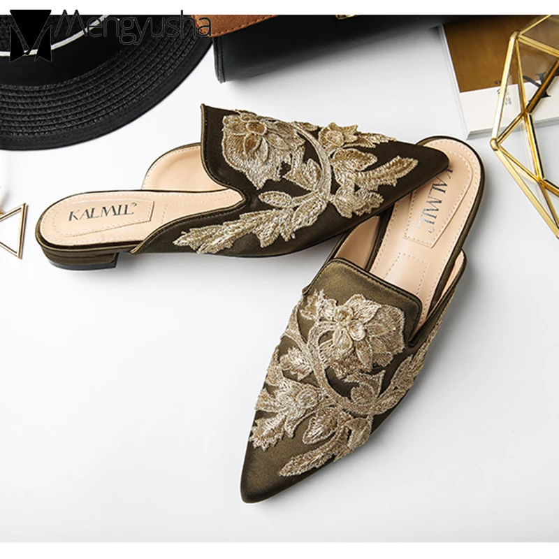 Атласные Вышитые шлепанцы шлёпанцы обувь женская уличная Летняя на плоской