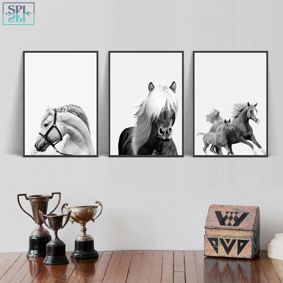 

SPLSPL Nordic Wall Art Black And White Animal Poster Print Horse Picture on Canva Scandinavian Painting Modular Picture No Frame