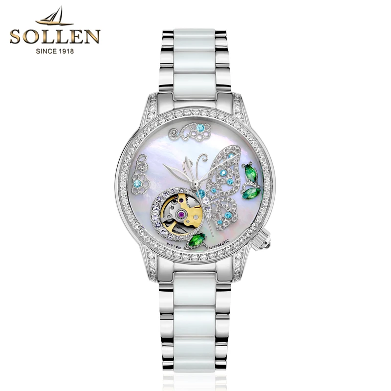 silver SOLLEN женские керамические часы бабочка алмаз механические наручные часы женские модные роскошные водонепроницаемые Curettage часы 406 - Цвет: silver
