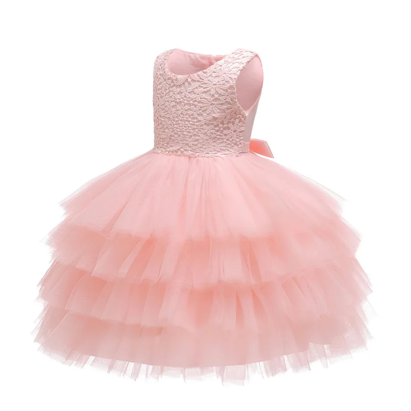 

2021 New Girls Party Dresses Children Sleeveless Lace Layered Tulle Princess Party Wedding Dresses Formal Kids Clothes Vestido