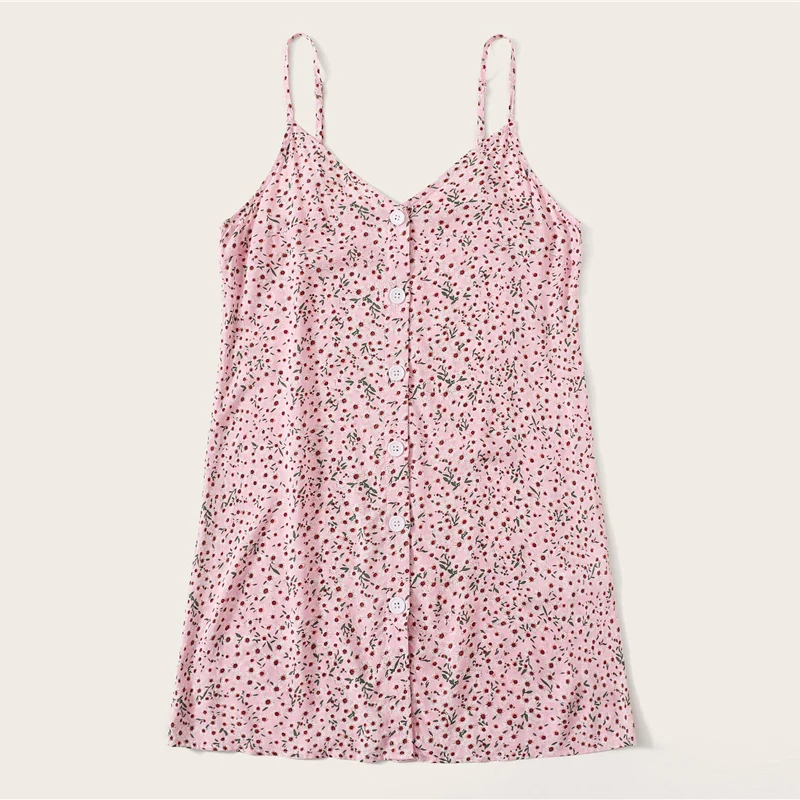 SHEIN Цветочное Платье На Бретелях С Пуговицами, Сарафан С Цветочным Принтом, Летнее Повседневное Прямое Платье