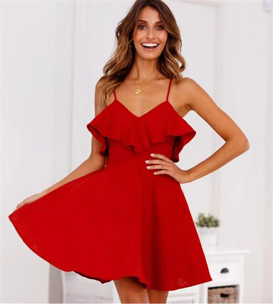 Летнее женское платье 2019 сексуальный пляжный сарафан мини однотонное без