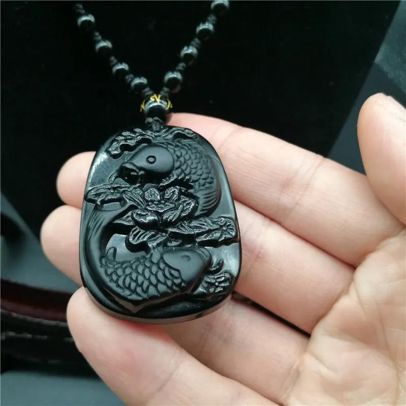 Прямая поставка тонкая резьба обсидиан две рыбы и Лотос черная подвеска мужские