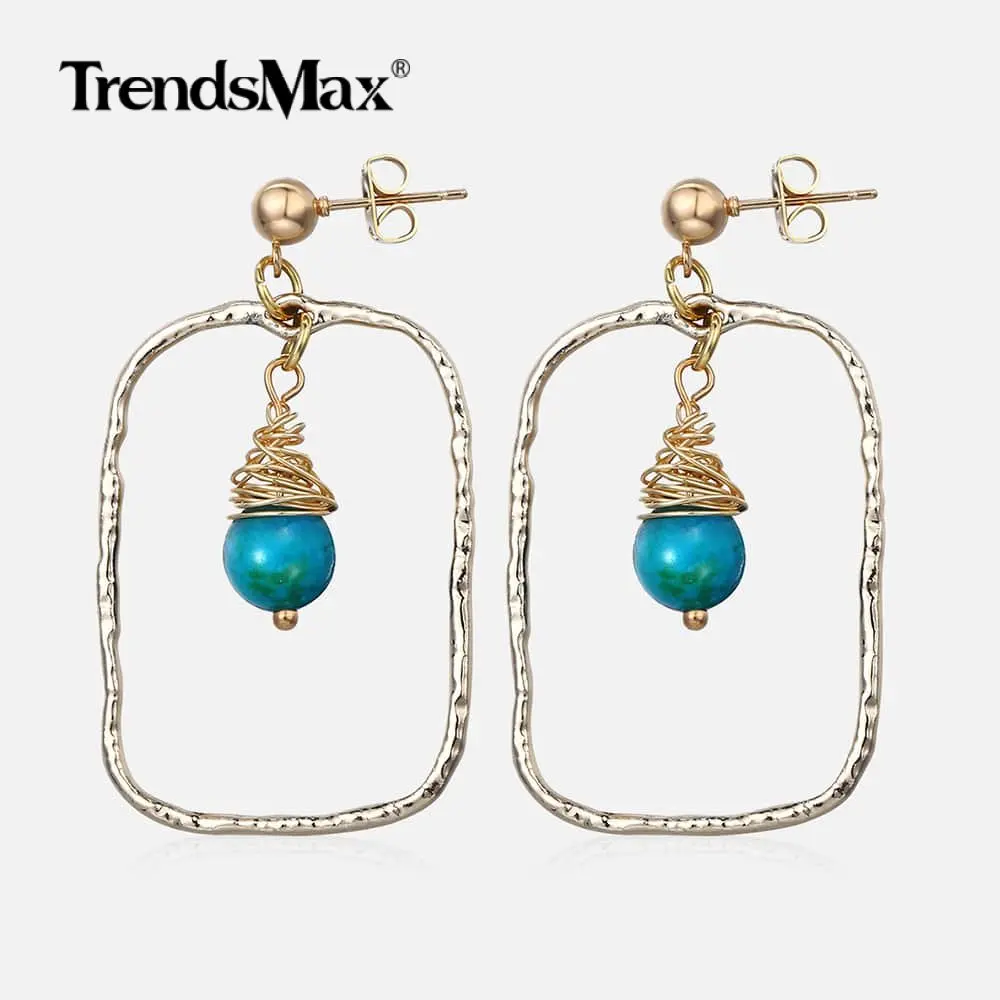 Womens Dangling Earrings Geometric Rectangle Blue Stone Beaded Drop For Women Unique Woman Jewelry Gift Wholesale HDE01 | Украшения и