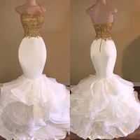 gold top white organza african long evening dresses 2022 elegant mermaid style spaghetti strap party prom dress