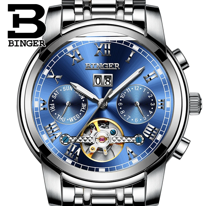 

Tourbillon Mechanical Watch Switzerland BINGER Multifunction Automatic Watch Men Sapphire Week Calendar HD Luminous Montre homme