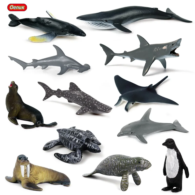 Oenux 12PCS Sea Life Animals Megalodon Dolphin Rays Whale Shark Model Action Figures Ocean Aquarium Miniature Education Kid Toys