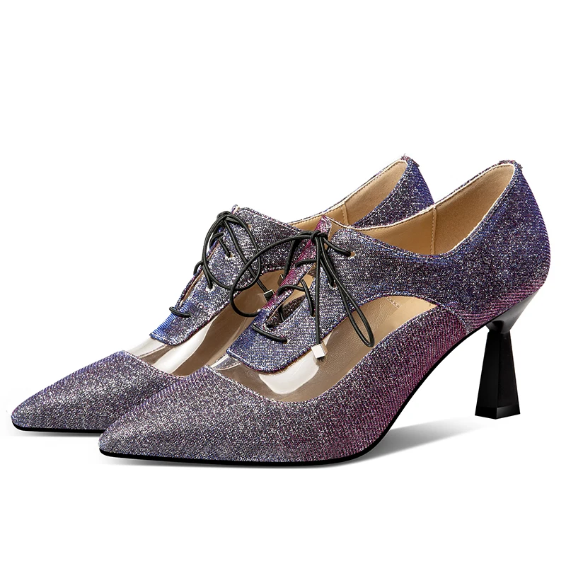 ISNOM Unusual Heels High Pumps Women Pointed Toe Lace Up Footwear Fashion Pvc Party Sequined Shoes Female Bling Shoes Woman