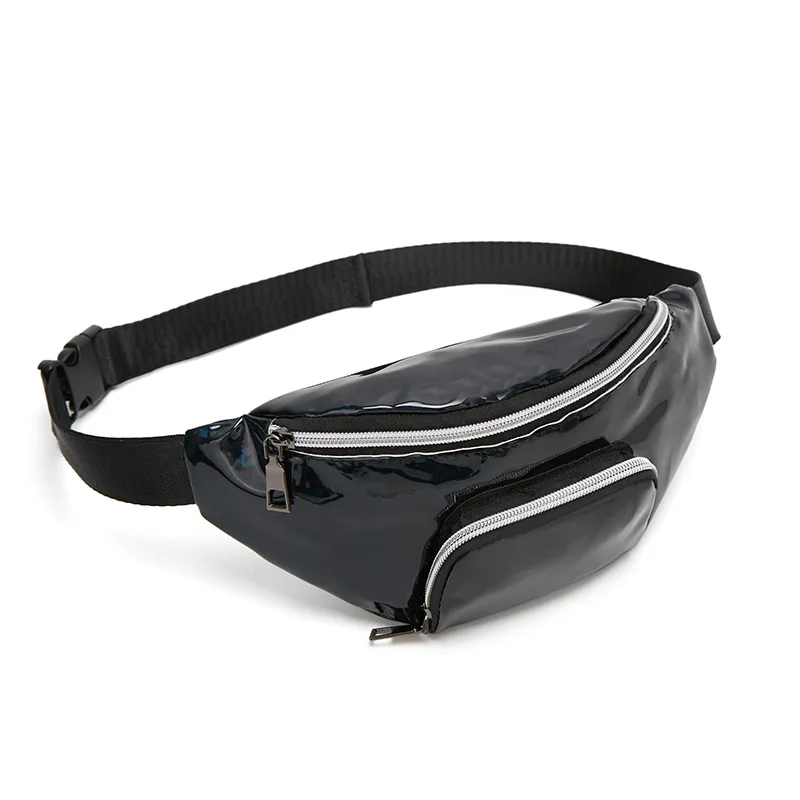 New wholesale laser belt bag holographic waist bag pink pu fanny pack Silver hip bag Chest Phone Pouch sac banane - Цвет: Bright black