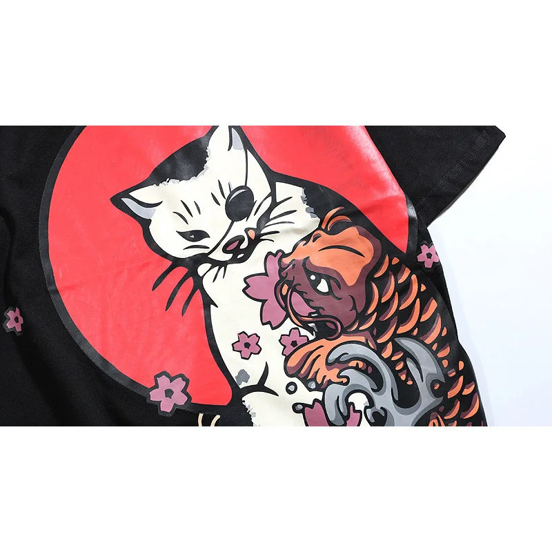 Японский стиль Ukiyo E Cat Футболка Harajuku уличная мужская повседневная Летняя