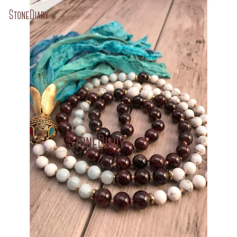 Натуральный драгоценный камень NM11120 аквамарин 108 мала бусины ручной вязки