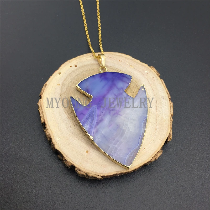 MY0887 Big Blue Arrowhead Agates Pendant Necklace Fish Shape Dragon with Pure Gold Color Chain kolye | Украшения и аксессуары
