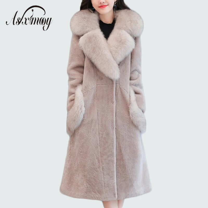 Элегантное пальто из искусственного меха длинное женское Лисий меховой воротник