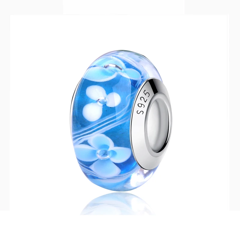 Blue Bloom Оригинальные бусины из стерлингового серебра 925 Подвески с бабочкой и цветком, стеклянные подвески, подходят для браслетов Pandora, ожерелья для женщин, ювелирные изделия DIY - Цвет: Blue Bloom