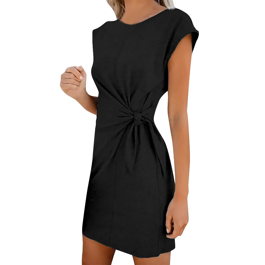 Женское однотонное платье без рукавов с круглым вырезом лето 2019|Женские платья| |