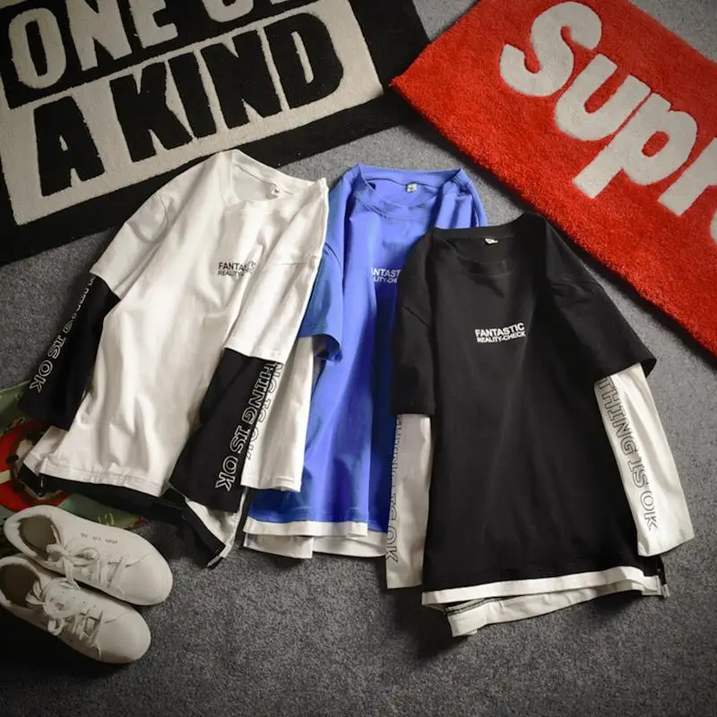 Новинка 2017 одежда для подростков модная Лоскутная футболка из двух частей с