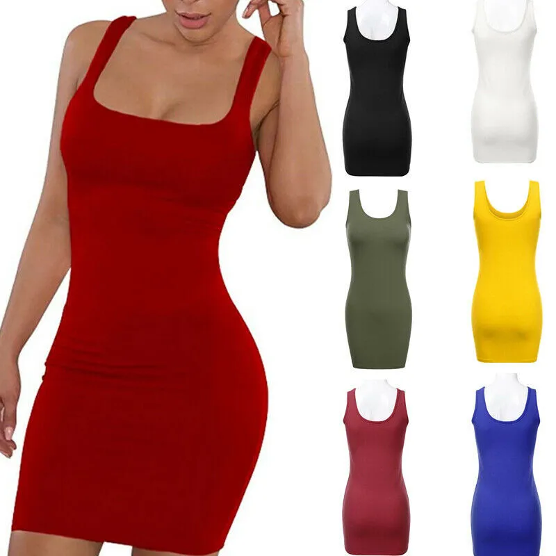 Модное женское Короткое мини платье без рукавов US тонкое однотонное