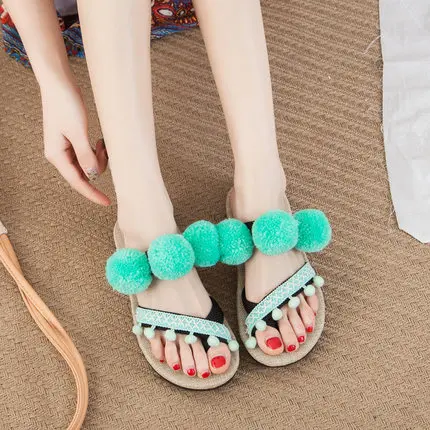 blue Женские сандалии с помпонами; Boho Hemp Espadrilles; пляжные шлепанцы; Летние праздничные Вьетнамки; Размеры 35-44 - Цвет: blue