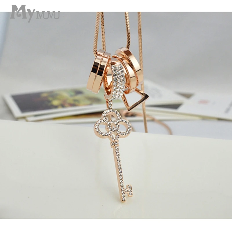 Mymmu Key Shape Crystal Circle Round Pendant Chain Long Necklaces Fashion Jewelry Women Sweater Necklace Wearing Accessories | Украшения и