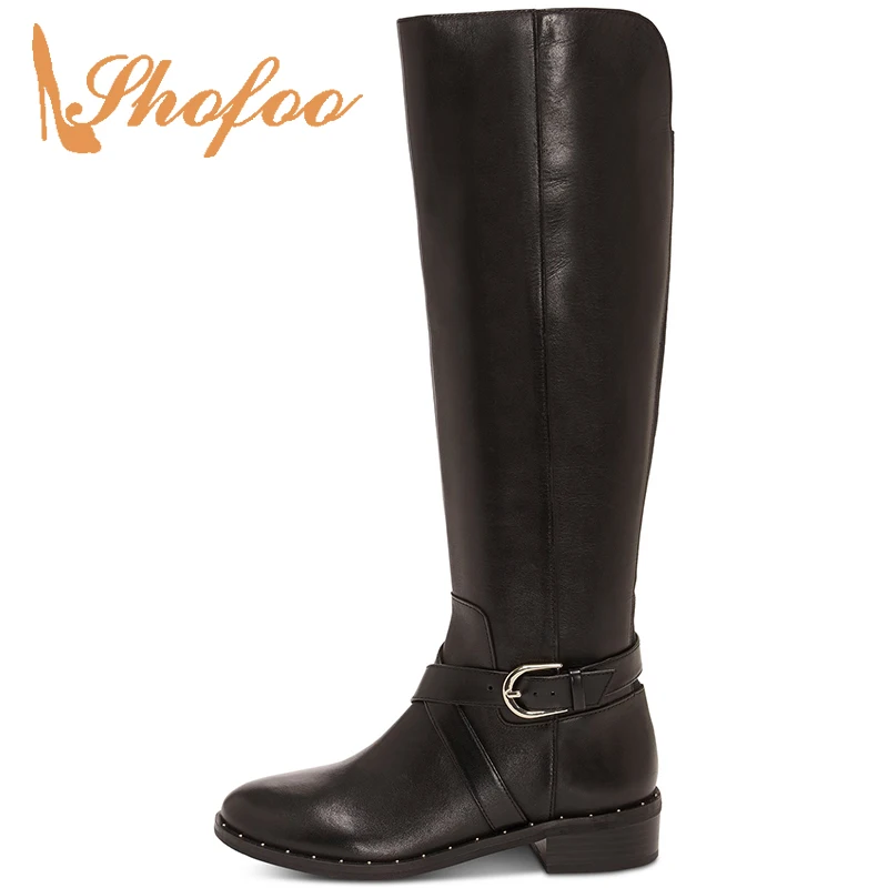 

Black Rivets Knee- High Boots Woman Low Chunky Heel Round Toe Ladies Spring Fall Shoes Large Size 33 36 Buckle Fashion Mature