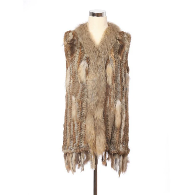 Real Knitted Rabbit Fur Vest Waistcoat Raccoon Fur Collar with Tassels Women Fur Gilet Lady Outerwear Coats VF7015
