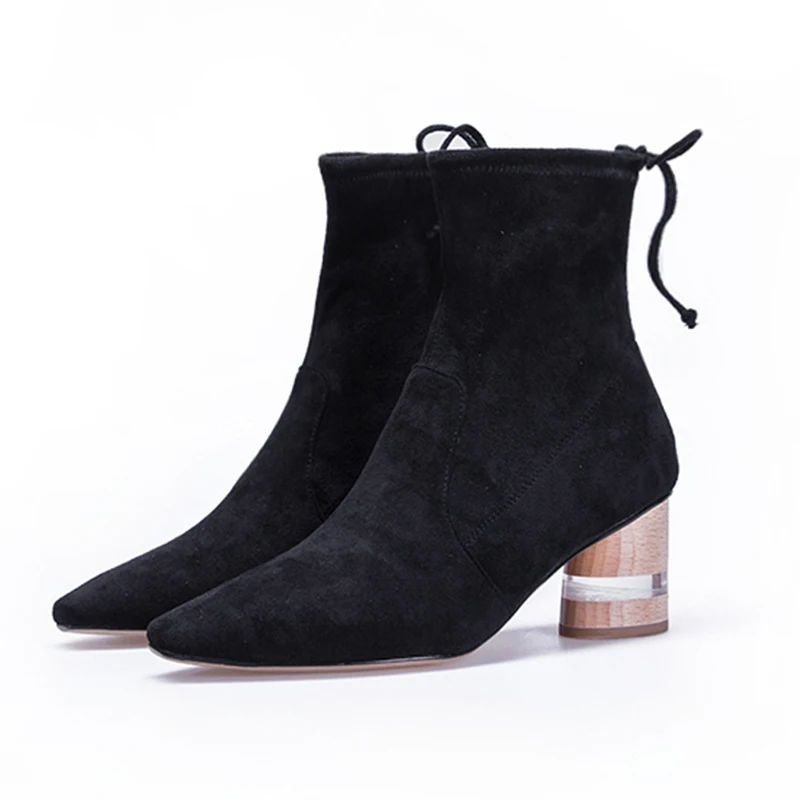 Женские ботинки на высоком каблуке с квадратным носком и мехом | Обувь