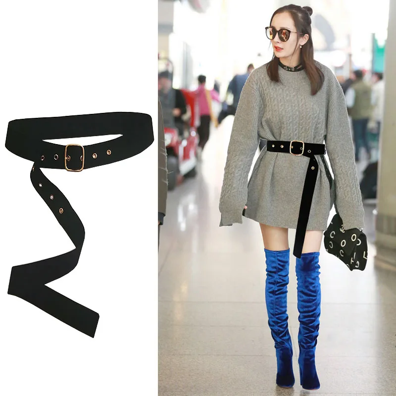 Длинный бархатный ремень женский узел черный пояс красное золото квадратная