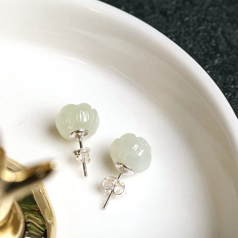 L&ampP Elegant Natural Jade Earrings Pure 925 Sterling Silver For Women Handmade Lotus Fine Jewelry Wholesale | Украшения и