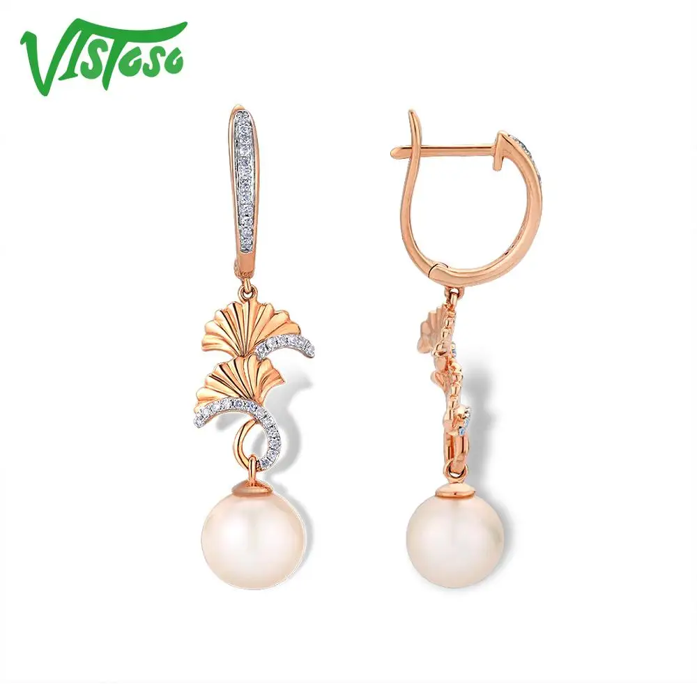 VISTOSO Pure 14 K 585 розовое золото сверкающие бриллианты элегантные пресноводные жемчужные серьги для женщин уникальные модные свадебные ювелирные изделия