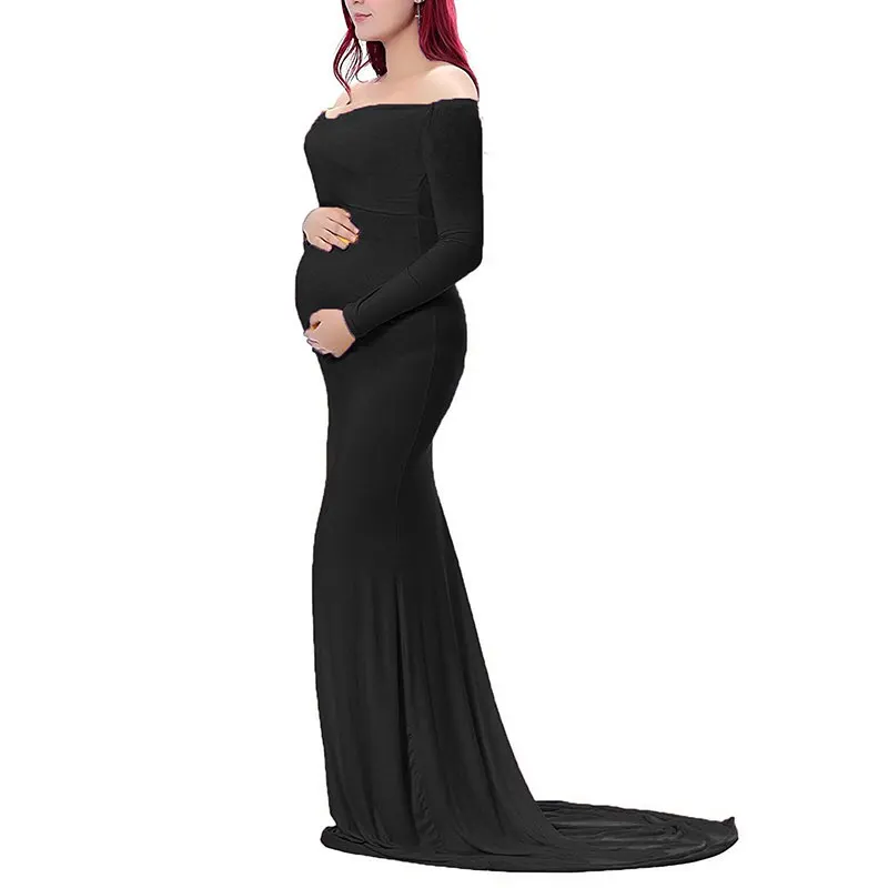 VOGUEON Women V Neck Maternity Dress Long Sleeve Ruched Maxi Photography Clothes Lady Mermaid Pregnant Baby Shower Evening Gown