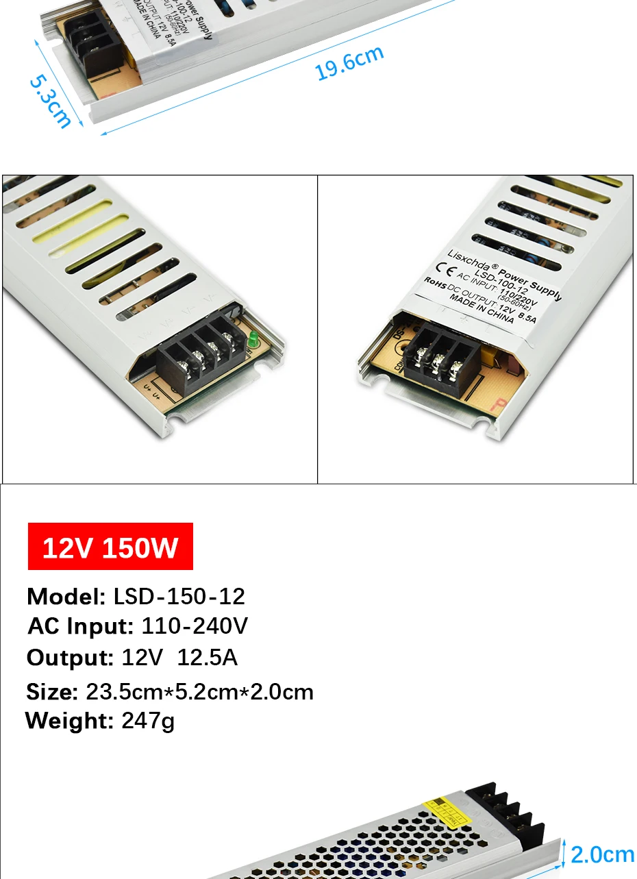 Ультра тонкий светодиодный Питание DC12V трансформаторы 100W 150W 200W 300W AC110-240V драйвер для Светодиодный полоски