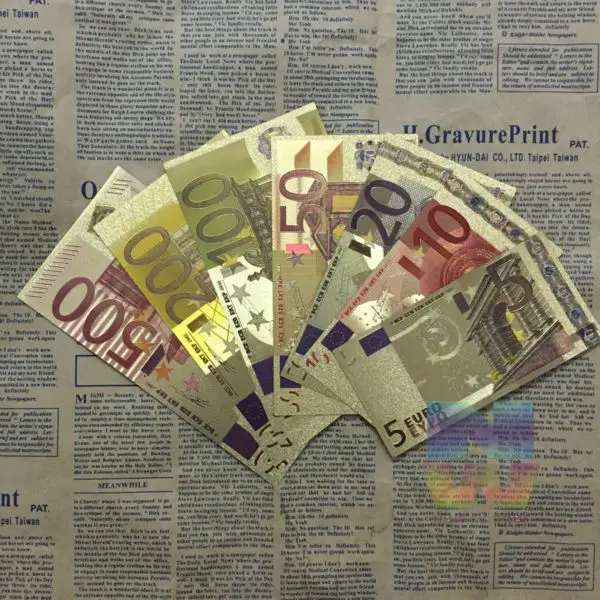 7 шт./компл. 7 различных конструкций euro Gold Фольга покрытием для банкнот 5 10 20 50 100 200 500 Бумага деньги Книги по искусству craft подарки
