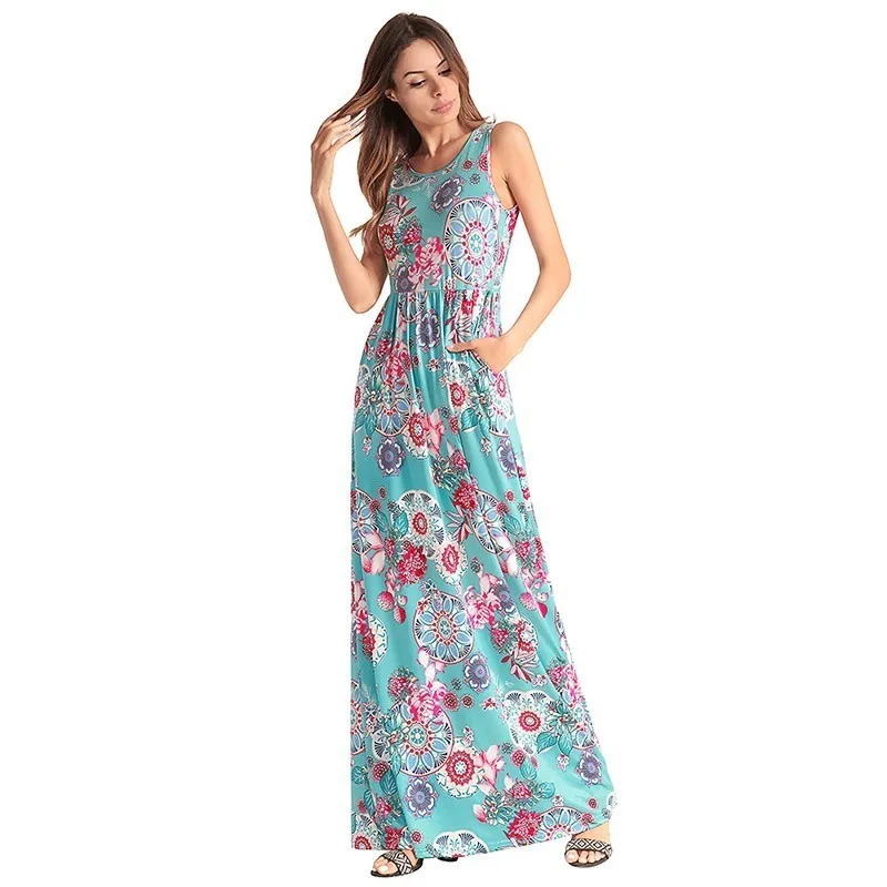 Ruiyige 2018 Women Sexy Tank Maxi Dress Summer Ethnic Floral Print Dresses Casual Pockets Sleeveless Vestidos Long Beach Robes | Женская