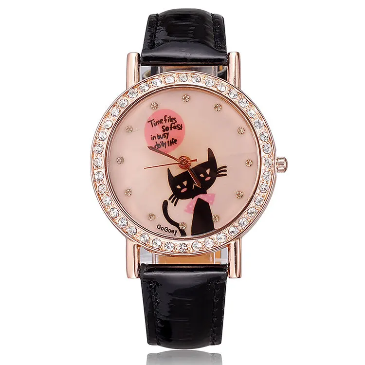 Watches women luxury brand rose gold pu leather strap watches crystal rhinestones cute cat fashion casual designer dropship | Наручные