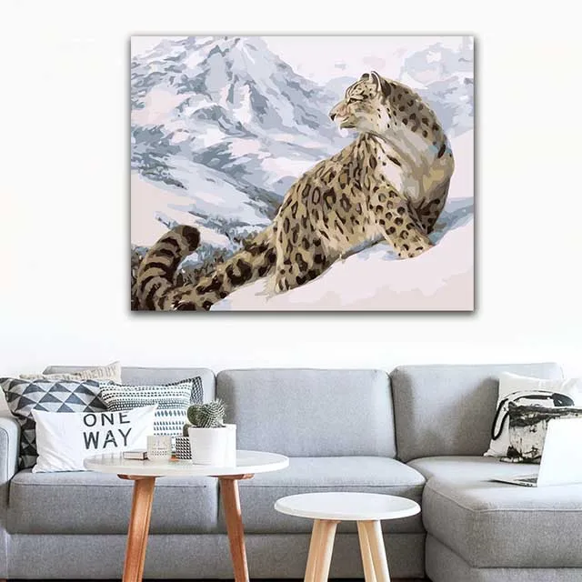 

DIY colorings pictures by numbers with colors Leopard on snowy mountain picture drawing painting by numbers framed Home